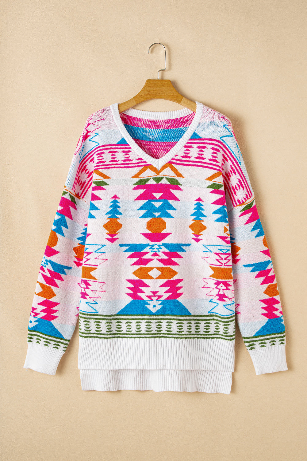 White Oversize Aztec Print High Low V Neck Sweater