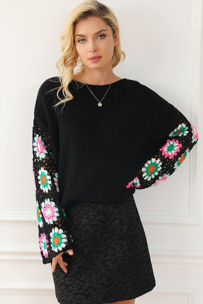 Black Floral Crochet Bell Sleeve Loose Sweater