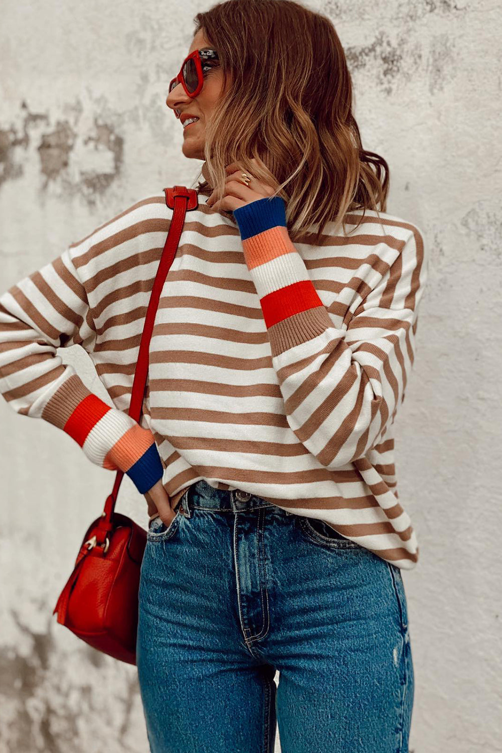 Brown Stripe Colorblock Bishop Sleeve Turtleneck Sweater