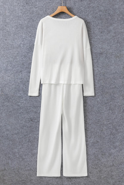 White Textured Long Sleeve T Shirt and Pants Lounge Set