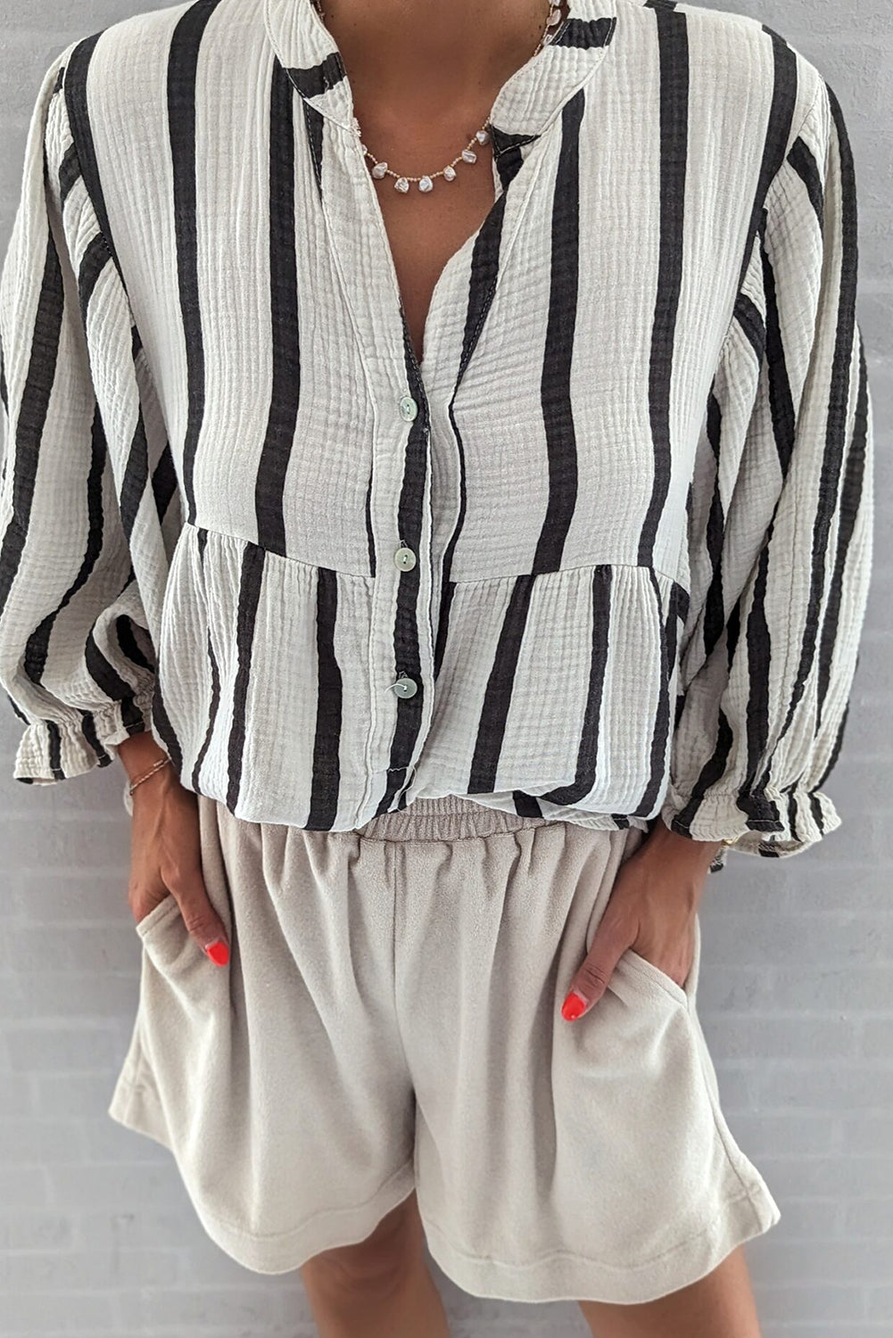 Black Stripe Crinckled Ruffled Sleeve Button up Loose Shirt