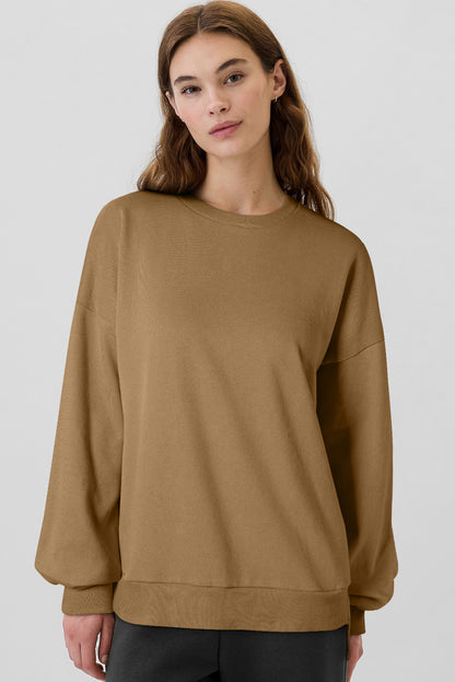 Camel Solid Fleece Lined Drop Shoulder High Low Sweatshirt