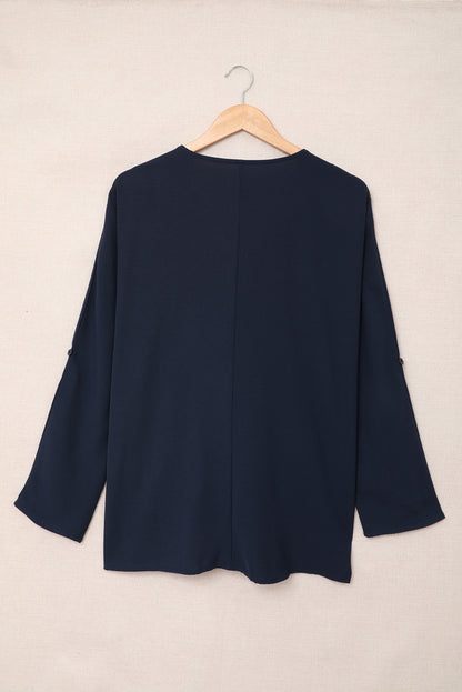 Blue V Neck 3/4 Sleeve High Low Hem Shirt