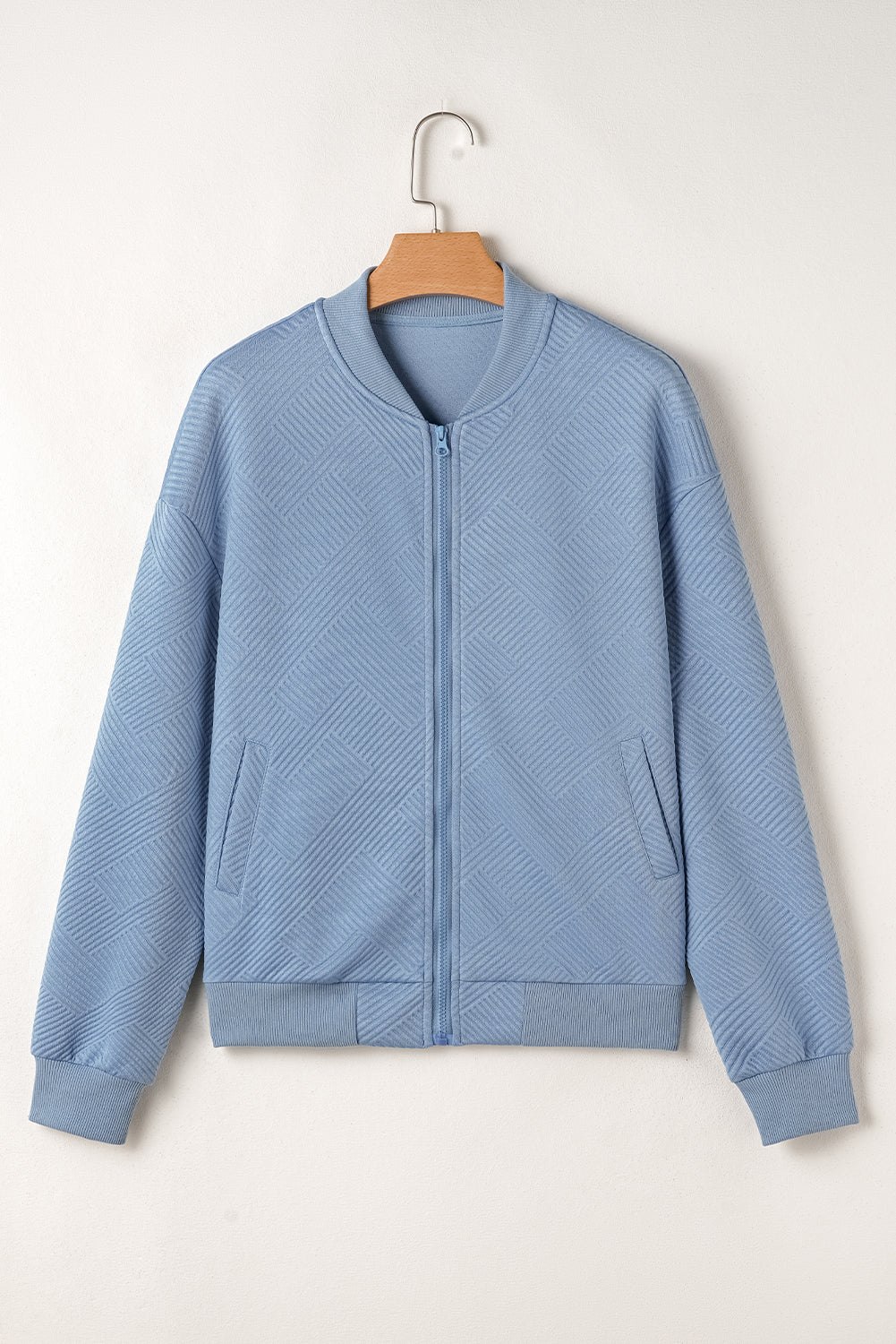 Myosotis Solid Textured Stand Neck Zipper Bomber Jacket