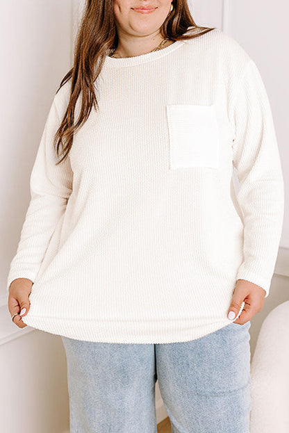 White Plus Size Ribbed Textured Long Sleeve Shirt