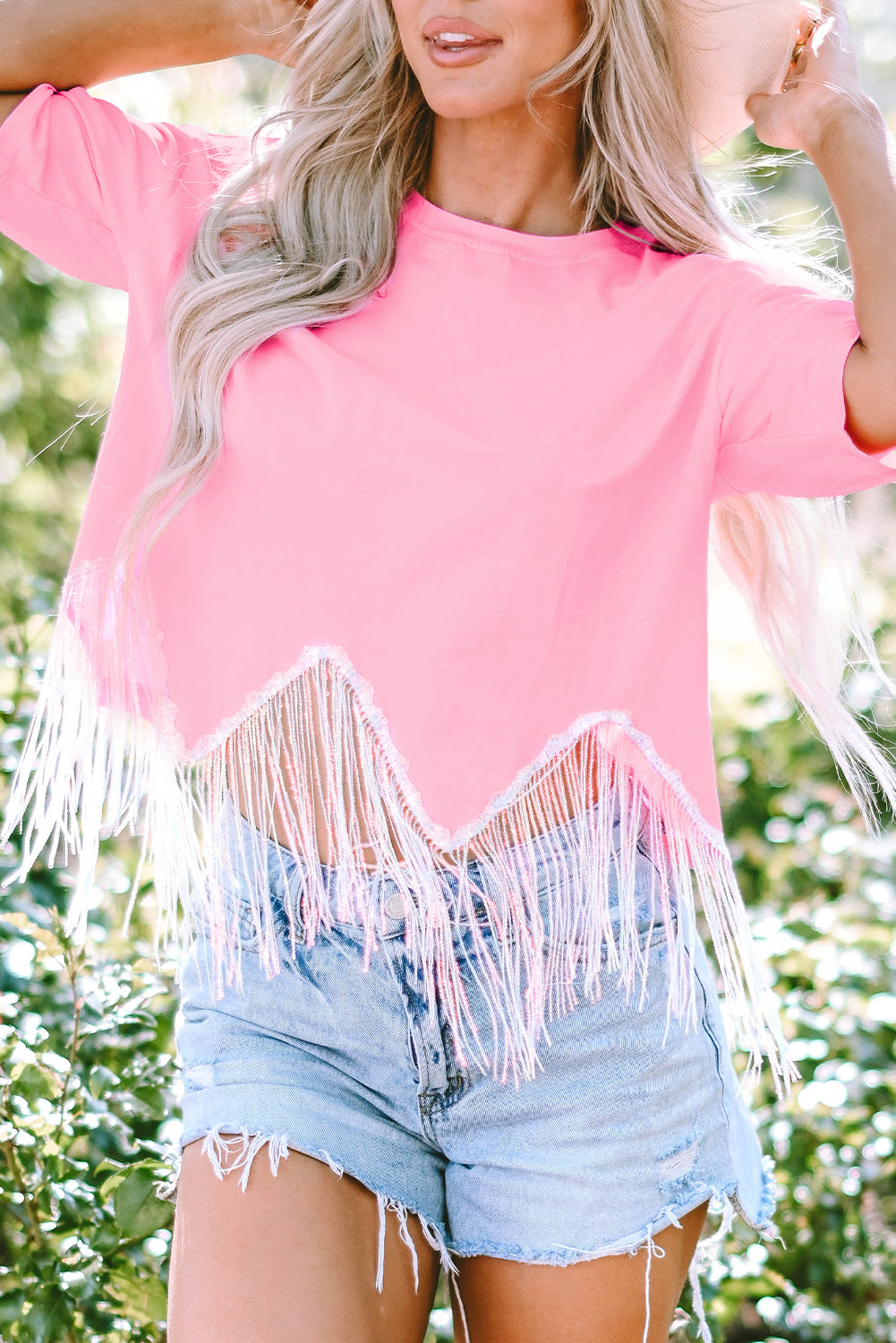 Pink Fringed Sequin Crop T-Shirt