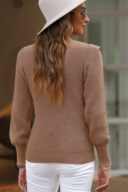 Brown Braided Notched V-Neckline Puff Sleeve Knitted Sweater