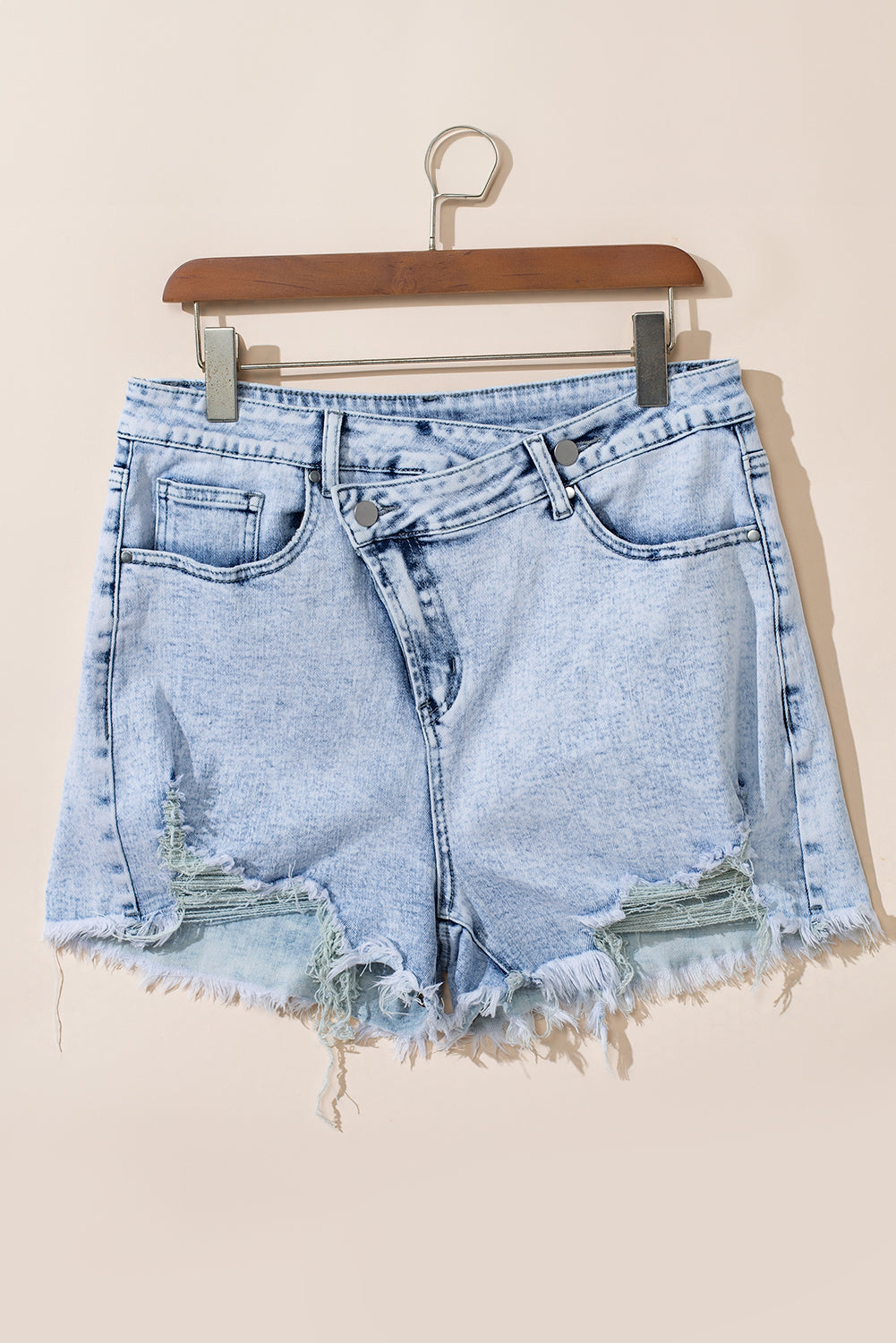 Light Blue Acid Wash Crossed Raw Edge Denim Shorts