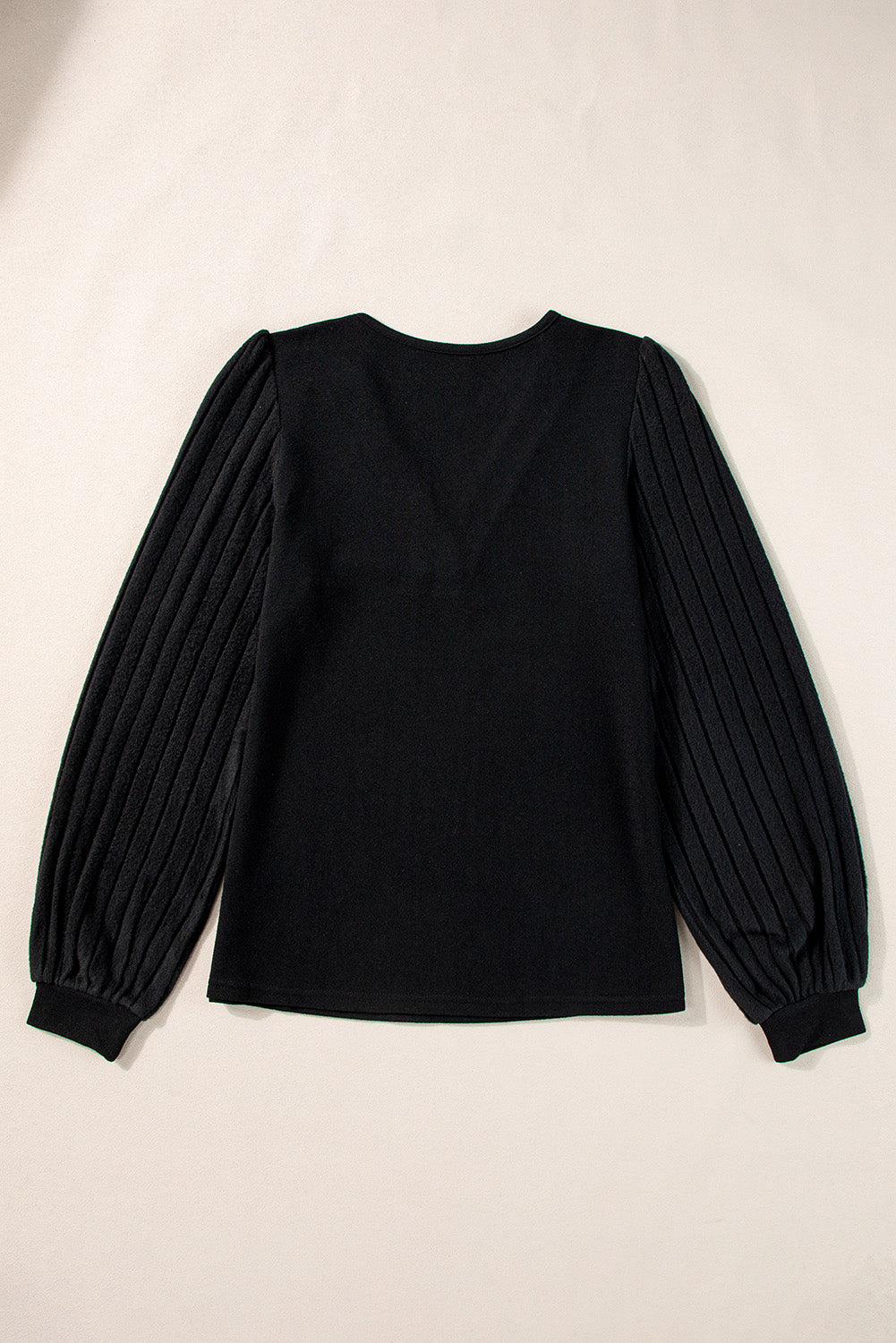 Black Buttoned V Neck Ribbed Puff Sleeve Top