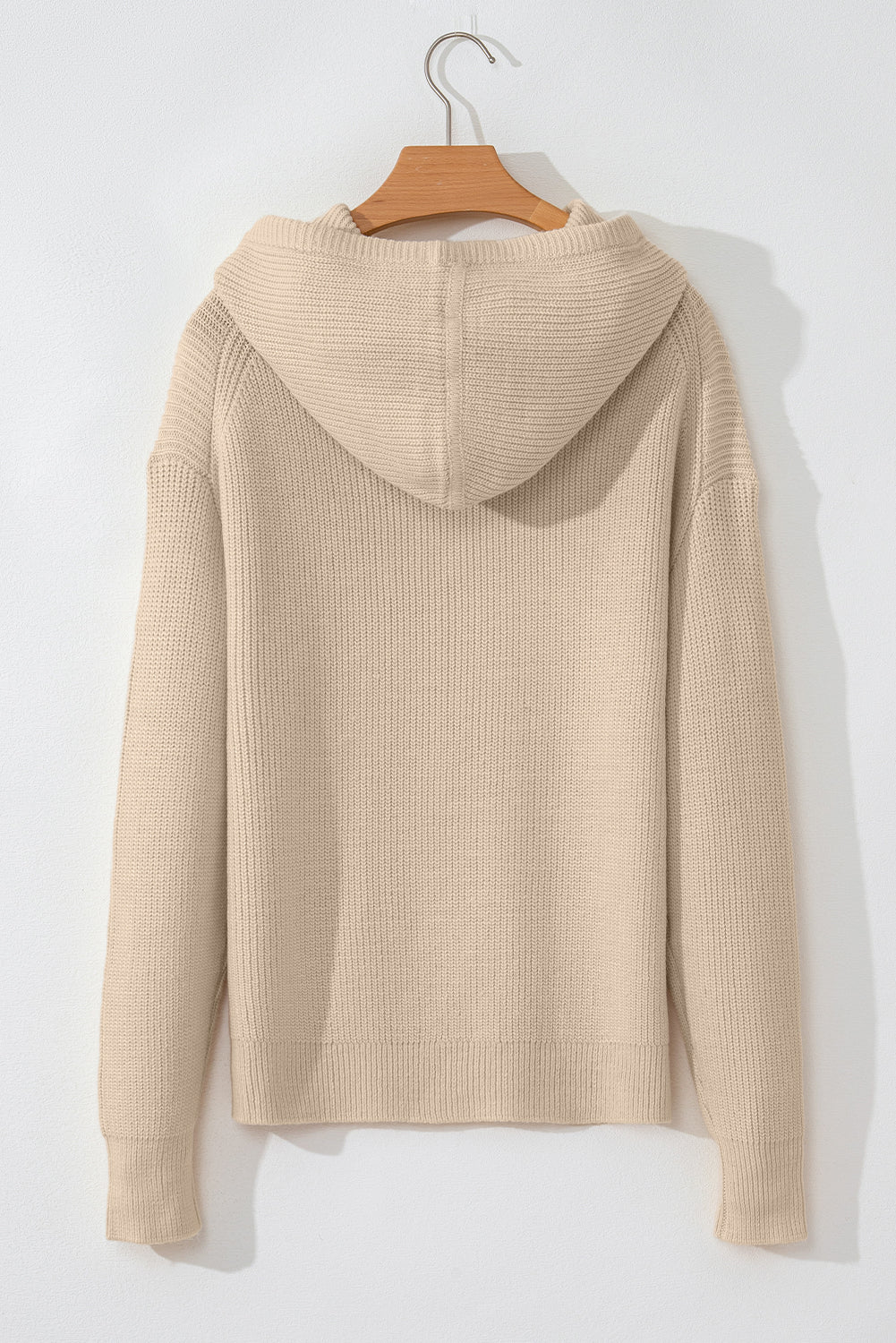 Beige Solid Color Drawstring Hooded Drop Shoulder Pullover Sweater