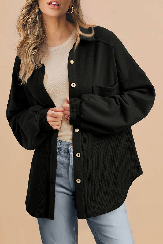 Black Waffle Knit Patchwork Buttoned Oversized Shacket