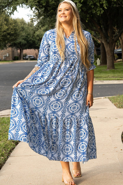 Sky Blue Geometric Print Lace-up Notch Neck Plus Size Maxi Dress