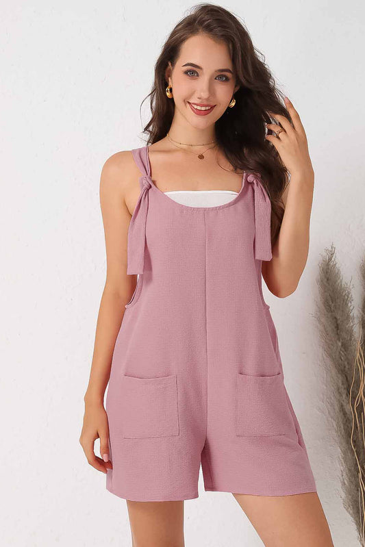 Pink Adjustable Straps Pocketed Textured Romper