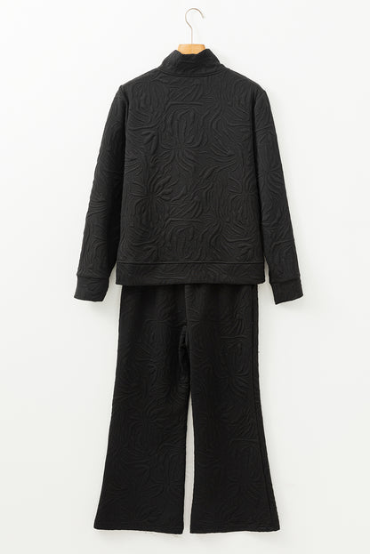 Black Textured Jacquard Quarter Zip Top and Crop Pants Set