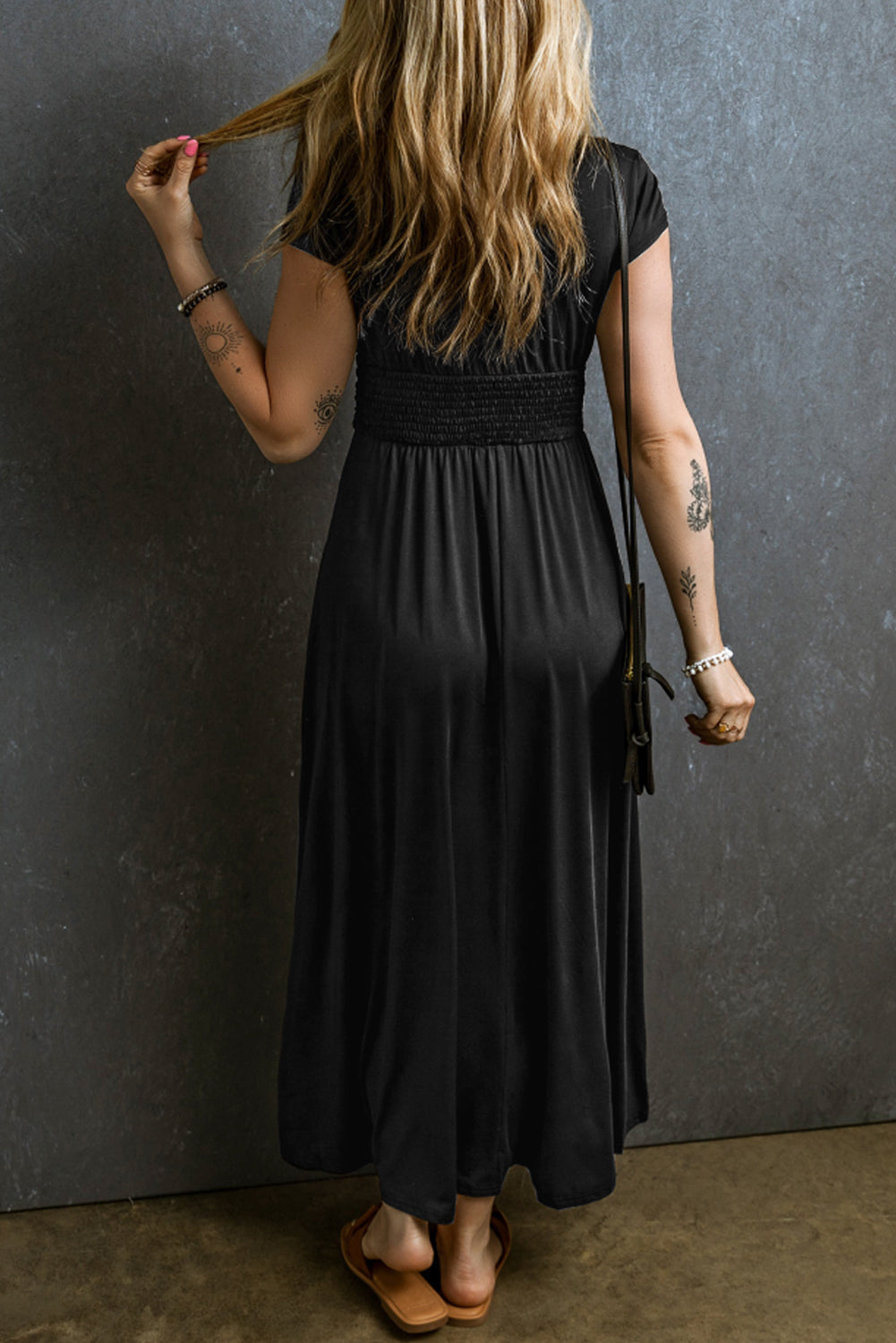 Black Short Sleeve Shirred High Waist V-Neck Maxi Dress