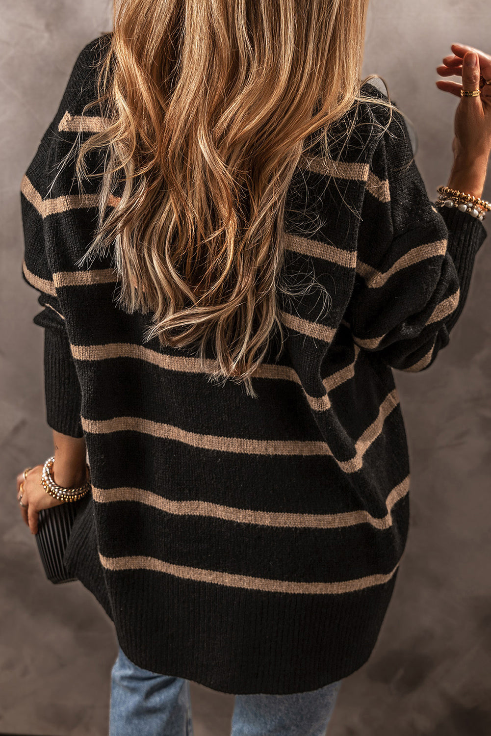 Black Stripe Buttoned V-Neck Drop Shoulder Loose Cardigan