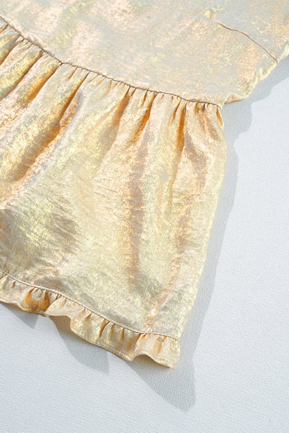 Gold Metallic Frilled V-Neck Puff Sleeve Babydoll Blouse