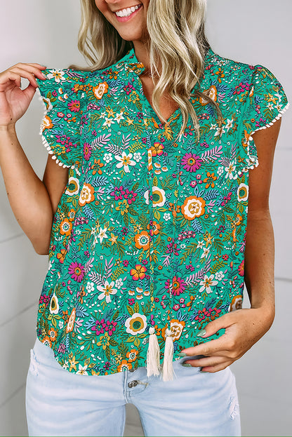 Green Lace Trim Flutter Sleeve Tropical Floral Blouse