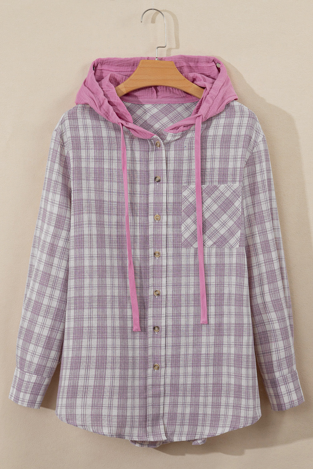 Pink Checkered Print Loose Fit Buttoned Hooded Shacket