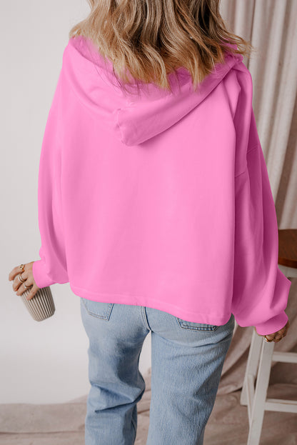 Bonbon Fleece Lined Half Zipper Kangaroo Pockets Loose Hoodie