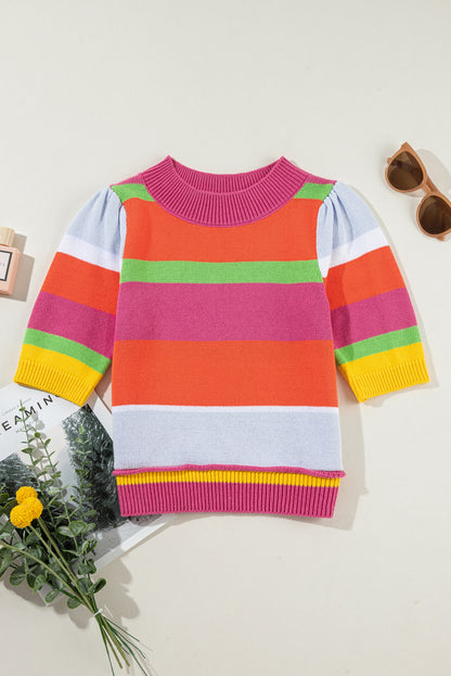 Multicolour Color Block Cropped Short Sleeve Sweater