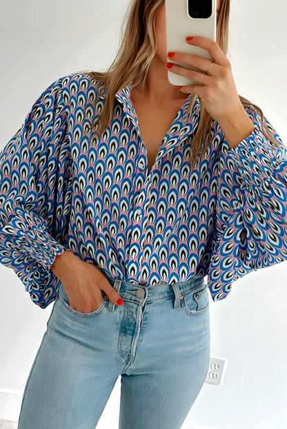 Sky Blue Abstract Print Shirred Cuff Buttoned Oversized Shirt