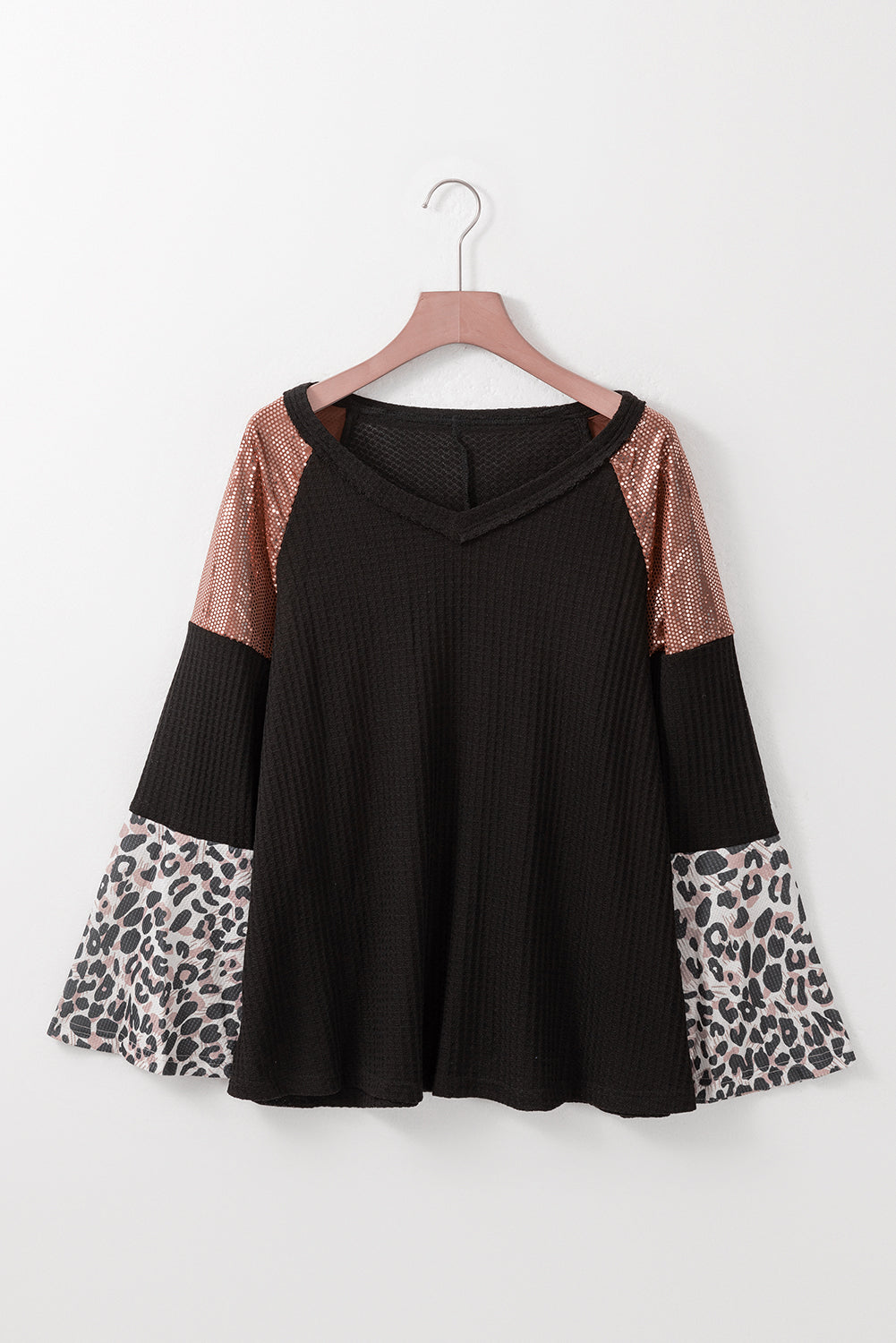 Black Sequin Patchwork Bell Sleeve V Neck Tunic Top