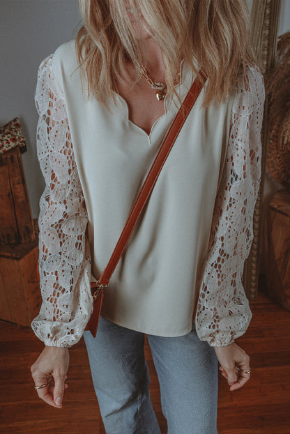 White Scalloped V Neckline Lace Hollowed Lantern Sleeve Blouse