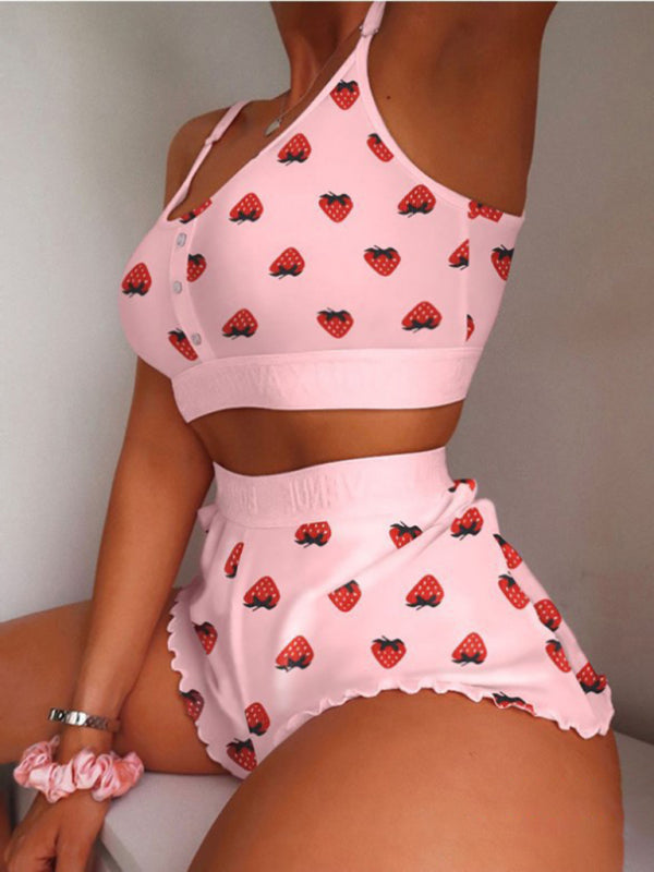 Women's Cutesy Graphic Print Suspender Soft Lounge Clothing Set