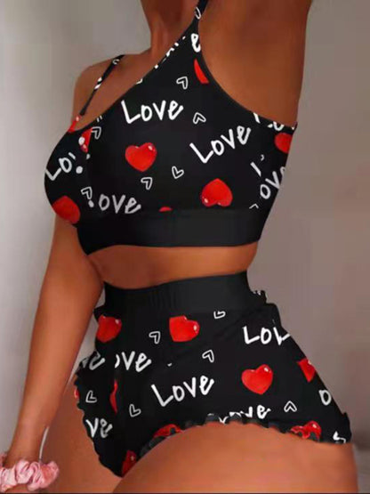 Women's Cutesy Graphic Print Suspender Soft Lounge Clothing Set