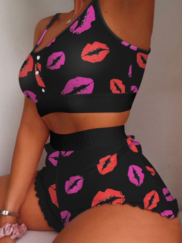 Women's Cutesy Graphic Print Suspender Soft Lounge Clothing Set