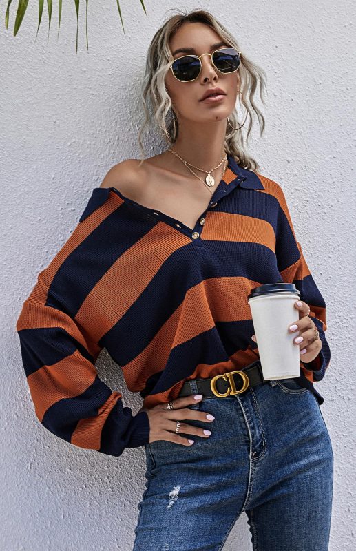 Women's Autumn Fashion Orange Striped Pullover Sweatshirt