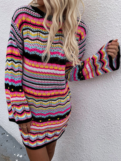 Women's Rainbow Stripe Pullover Medium Length Sweater Dress