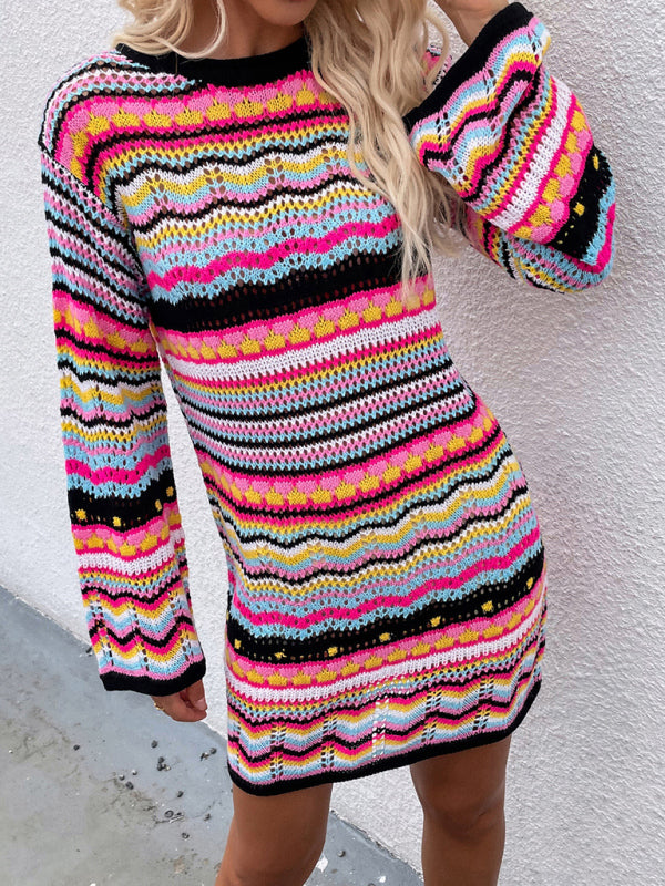 Women's Rainbow Stripe Pullover Medium Length Sweater Dress