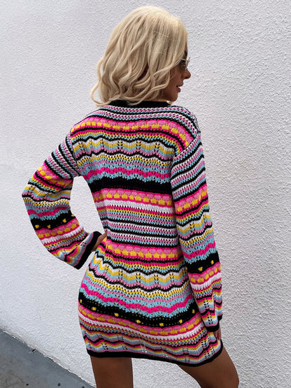 Women's Rainbow Stripe Pullover Medium Length Sweater Dress