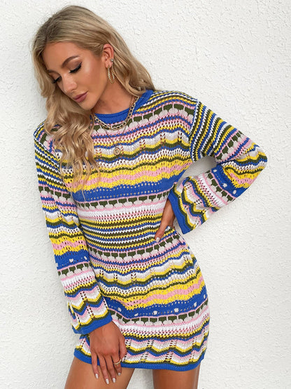 Women's Rainbow Stripe Pullover Medium Length Sweater Dress