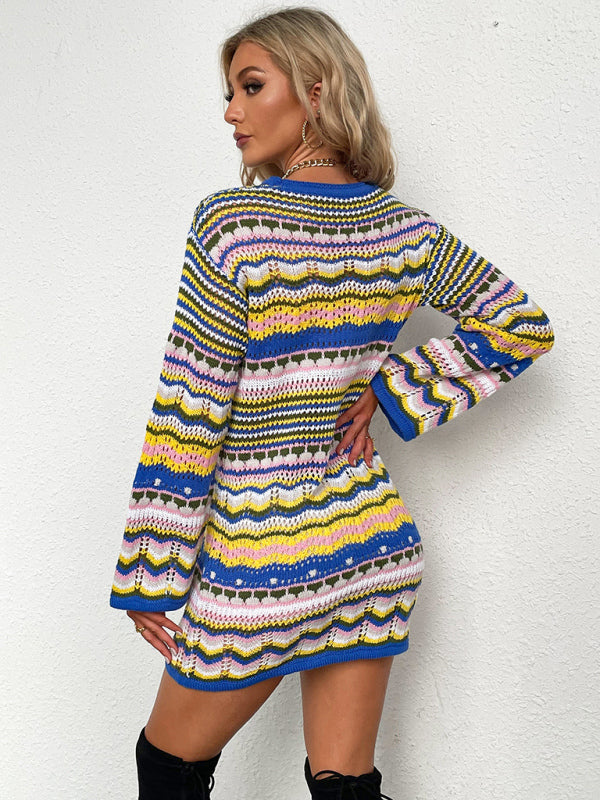 Women's Rainbow Stripe Pullover Medium Length Sweater Dress