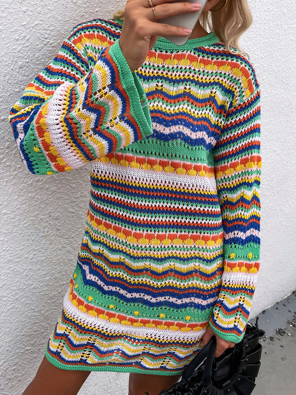 Women's Rainbow Stripe Pullover Medium Length Sweater Dress