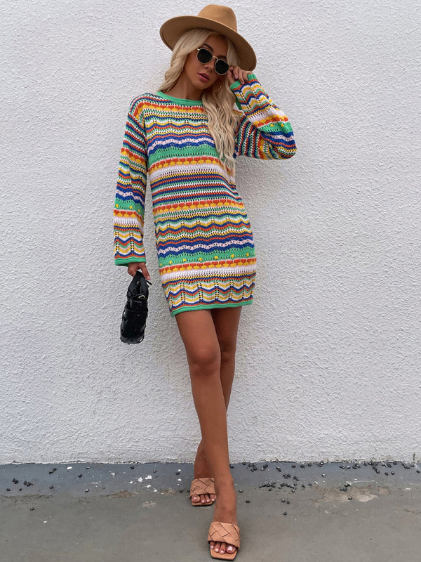 Women's Rainbow Stripe Pullover Medium Length Sweater Dress