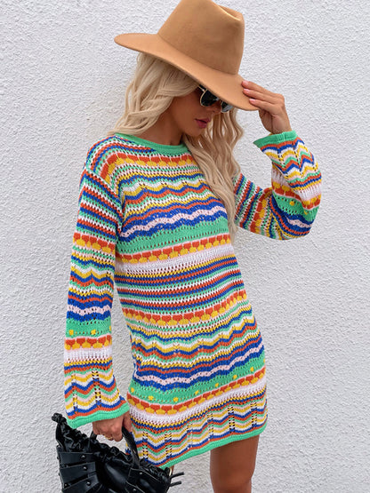 Women's Rainbow Stripe Pullover Medium Length Sweater Dress