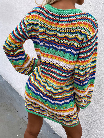 Women's Rainbow Stripe Pullover Medium Length Sweater Dress