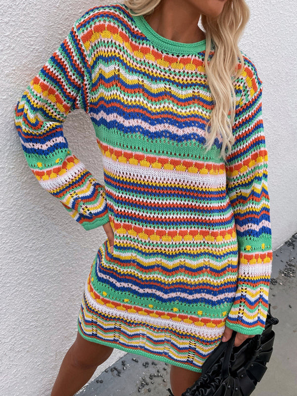 Women's Rainbow Stripe Pullover Medium Length Sweater Dress