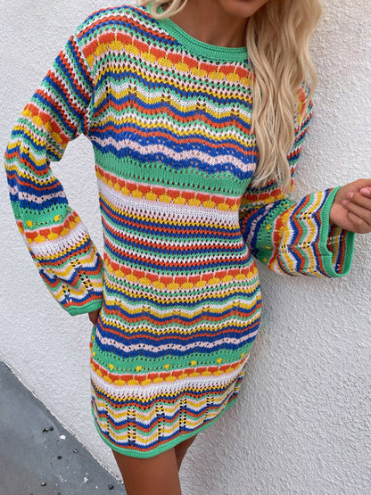 Women's Rainbow Stripe Pullover Medium Length Sweater Dress