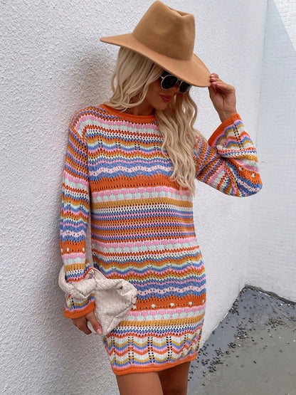 Women's Rainbow Stripe Pullover Medium Length Sweater Dress