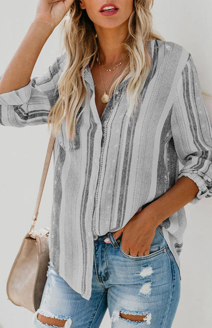 Women's Linen Turn-Down Collar Sweet Enough Striped Button Up Top