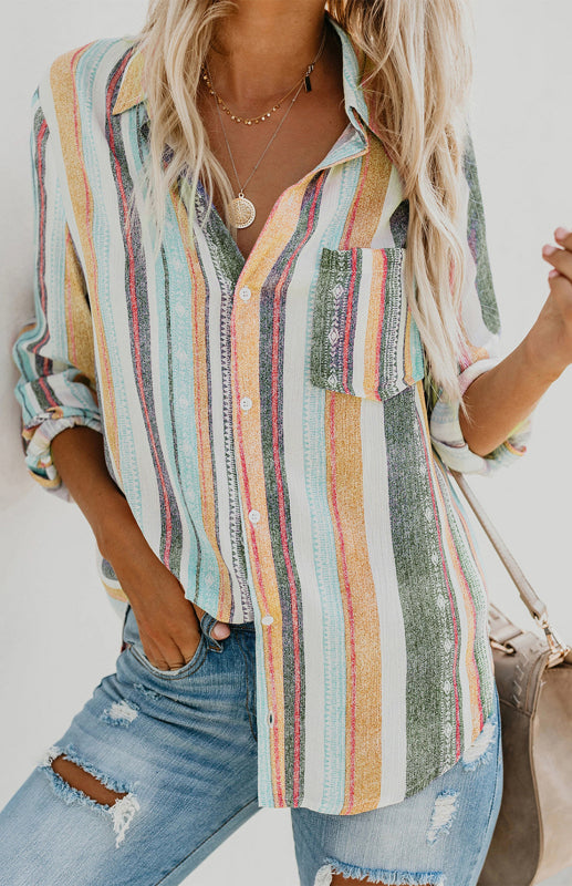 Women's Linen Turn-Down Collar Sweet Enough Striped Button Up Top