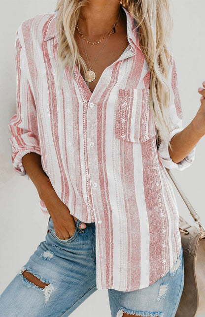 Women's Linen Turn-Down Collar Sweet Enough Striped Button Up Top