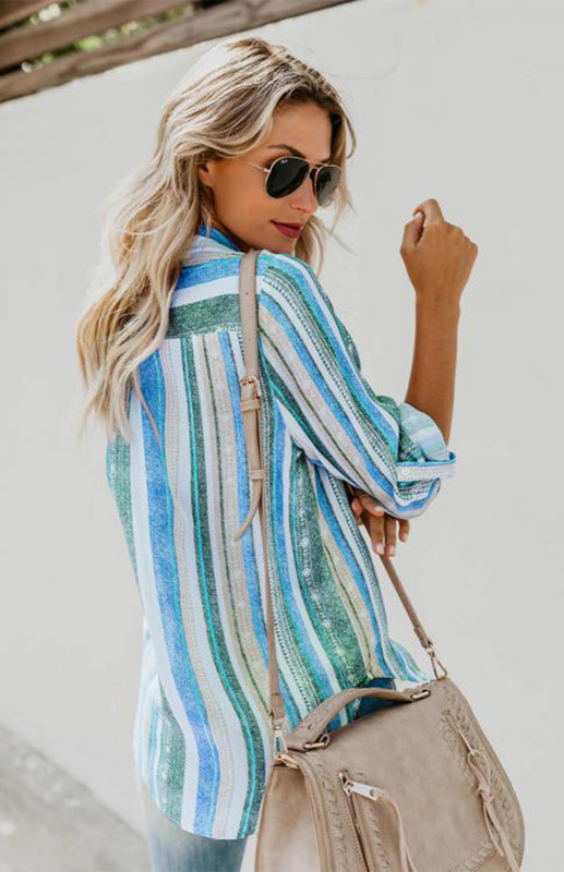 Women's Linen Turn-Down Collar Sweet Enough Striped Button Up Top