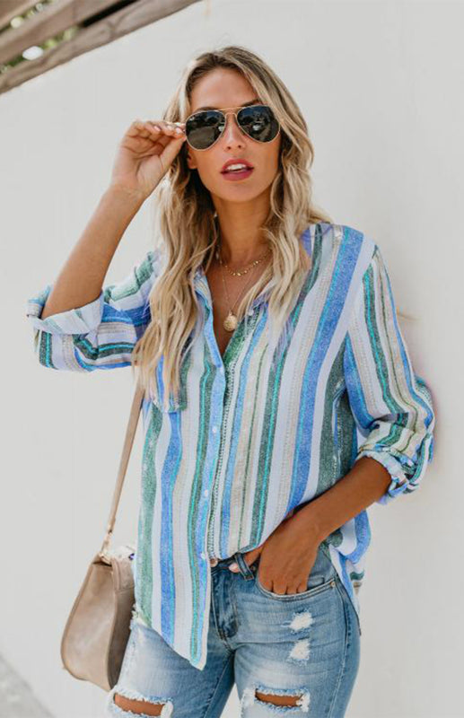 Women's Linen Turn-Down Collar Sweet Enough Striped Button Up Top