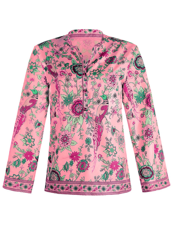 Women's Elegant Floral Print Long Sleeve Loose Buttoned Shirt